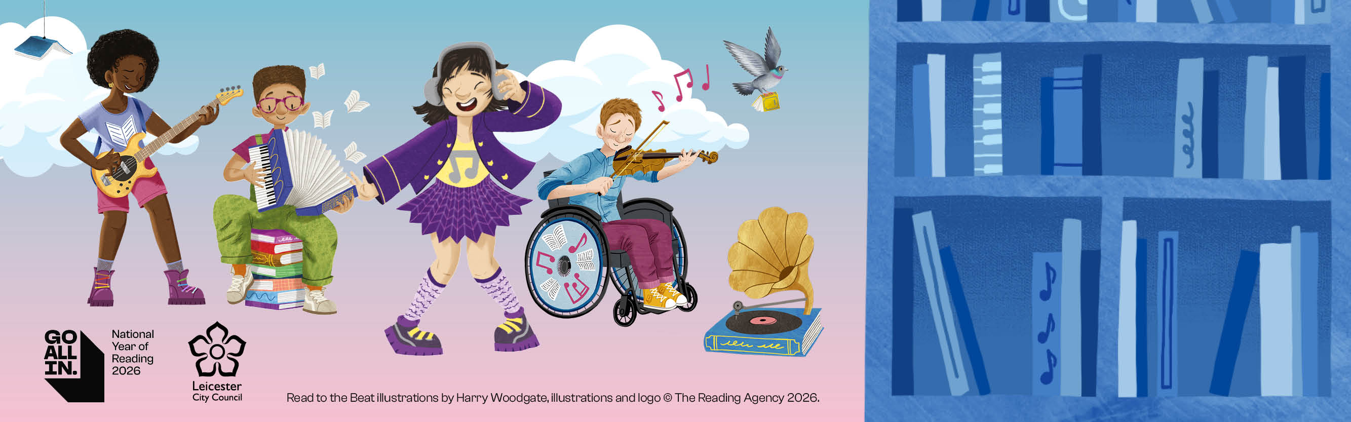 Image of cartoon children with books and playing music instruments and listening to music to promote the summer read to the beat challenge 2026 at Leicester libraries