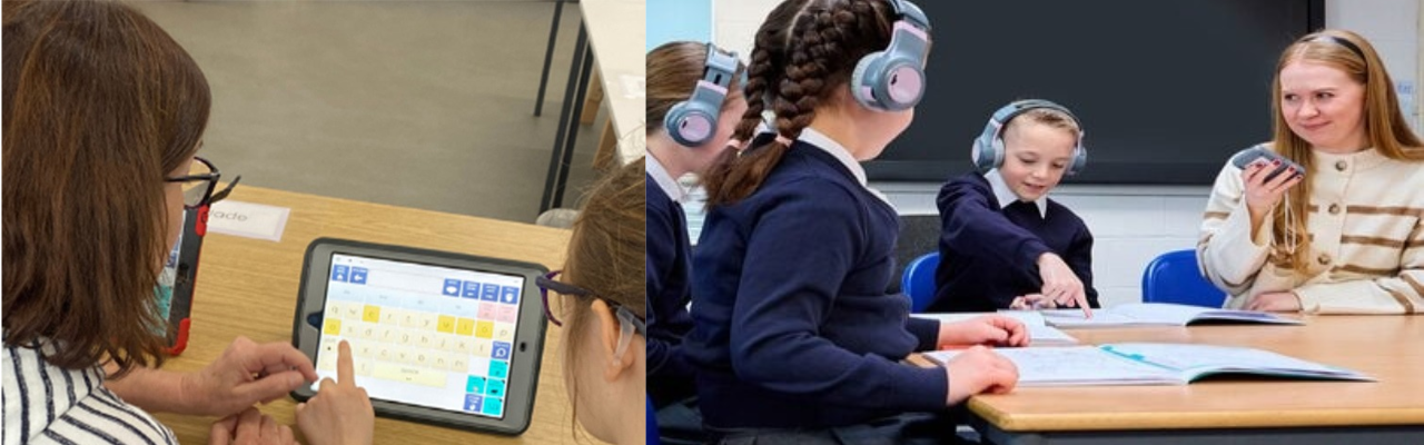 A photo of children using assistive technology from the assistive technology lending library