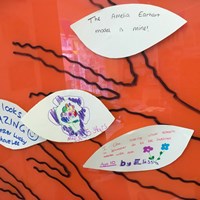 Global Goals 2017 - 8 Handwritten notes from children about the showcase, "The Amelia Earhart model is mine!", "This looks AMAZING! Leicester lucky to have Lee", "I like seeing what schools in Leicester do to be involved with eco"